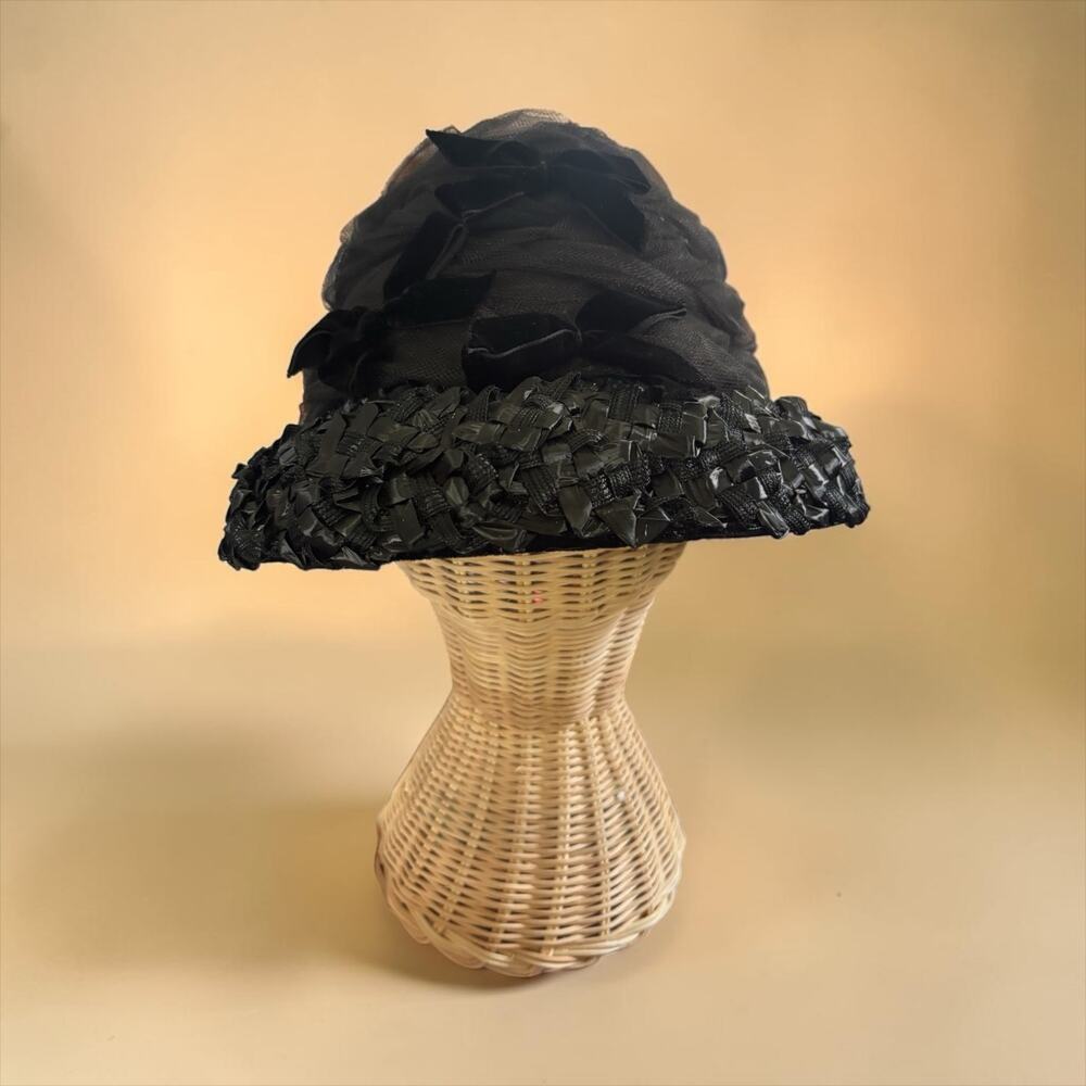 Vintage Black Ribbon Weave Cloche Hat Sheer Tulle Gothic Edwardian 23”